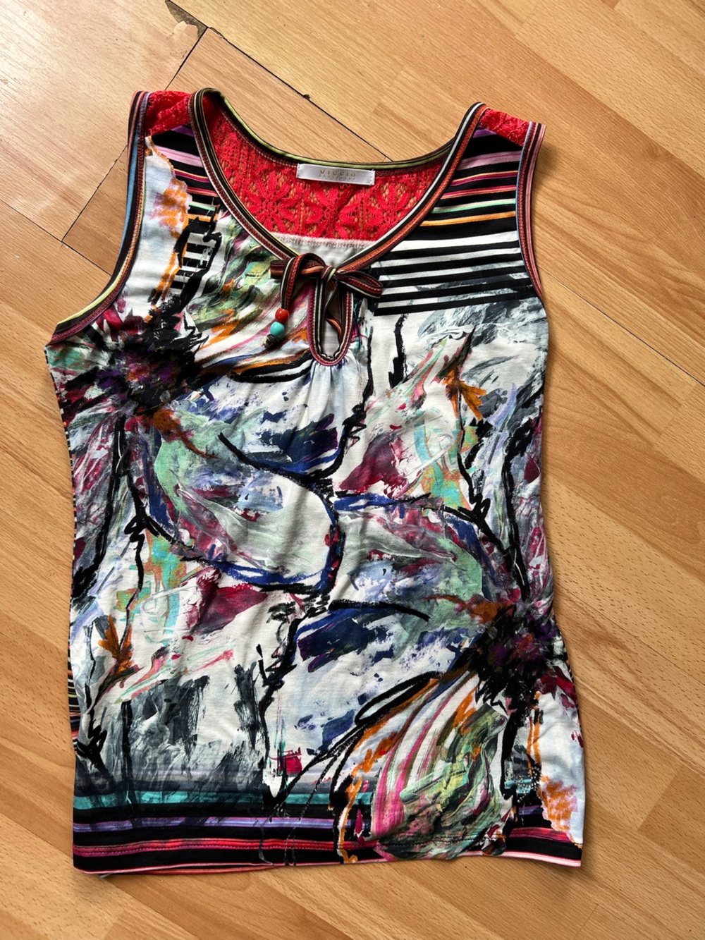 Stunning Abstract Multicolor Sleeveless Tank Top with Striped Trim